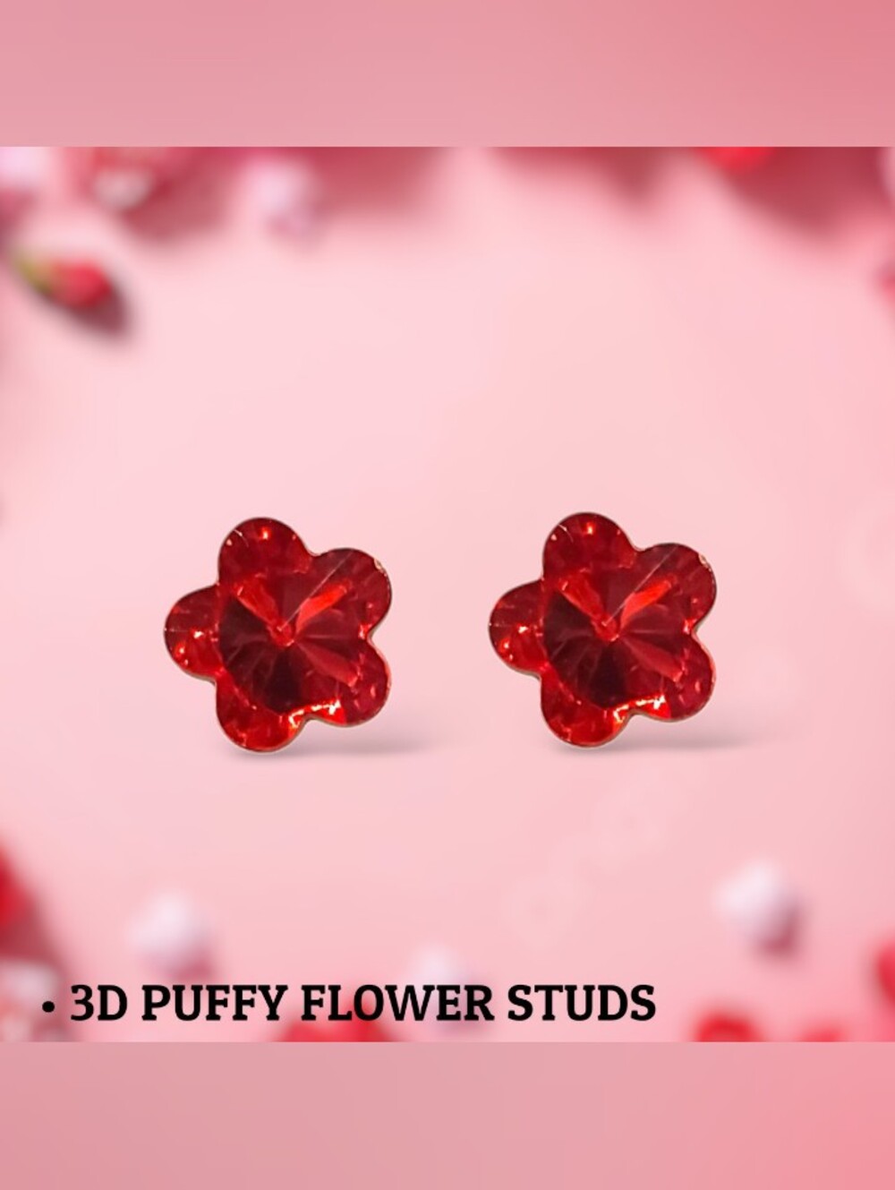 Red Puffed Flower Stud Earrings